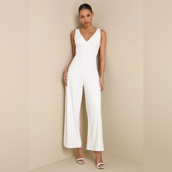 Lulu's Pants - Lulus Sweet Eloquence White Lace Back Sleeveless Wide-Leg Jumpsuit